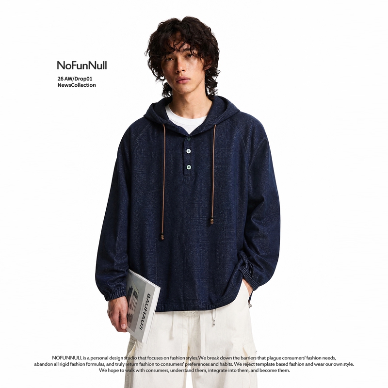 Nofunnull American Retro Faux Denim Half-Zip Hooded Sweatshirt for Men, Early Autumn Pullover in Original Denim Color, Unisex Top