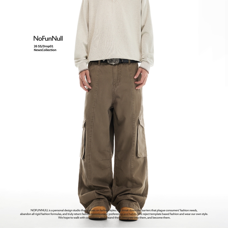Nofunnull American Vibe Patchwork Paratrooper Casual Pants Spring Unisex Multi-Pocket Pure Cotton Cargo Pants