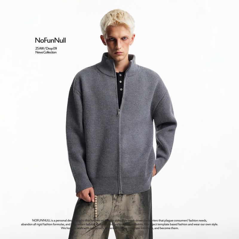 Nofunnull American Style Half-High Collar Double Zipper Knitted Cardigan Sweater for Men and Women, Autumn and Winter High-End Loose Coat