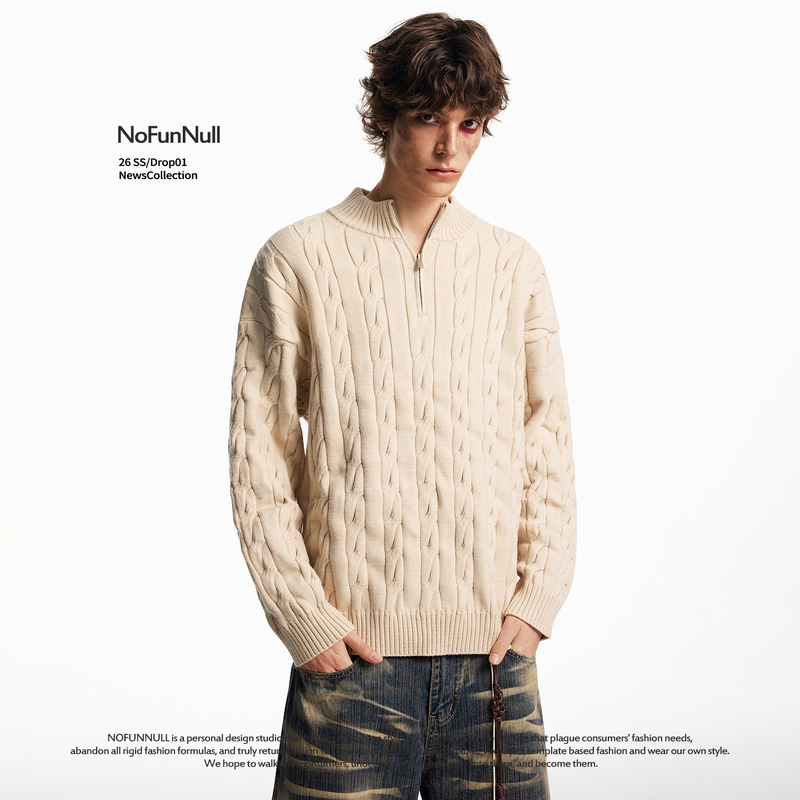 Nofunnull American Style Half-Zip Stand Collar Cable Knit Sweater for Men and Women, Winter Old Money Style Warm Loose Knitwear Nofunnull American Style Half-Zip Stand Collar Cable Knit Sweater for Men and Women, Winter Old Money Style Warm Loose Knitwear