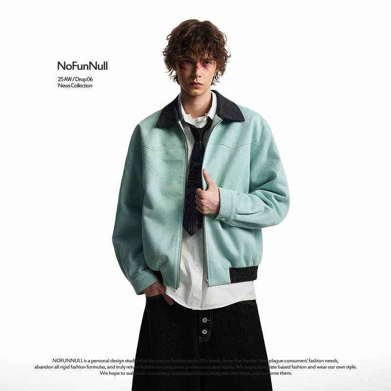 Nofunnull American High Street Vibe Suede Bright Color Patchwork Jacket Men's Autumn Retro Cool Flight Jacket