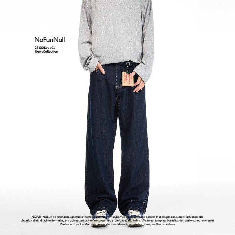 Nofunnull American-Style Vintage High-Street College-Style Straight-Leg Jeans for Men and Women