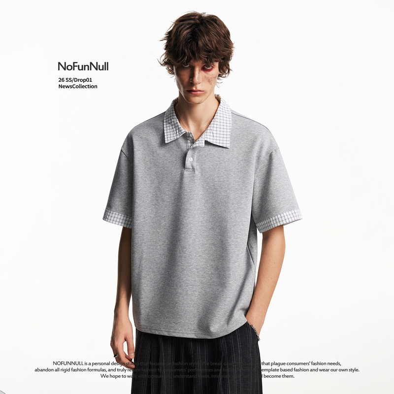 Nofunnull American Retro Fake Two-Piece Polo Shirt Short-Sleeved Summer Unisex Cleanfit Plaid Lapel T-Shirt