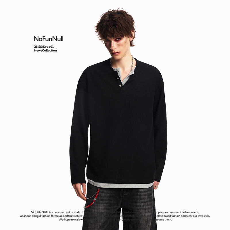 Nofunnull American-Style Henry Collar Waffle Long-Sleeve T-Shirt for Men and Women, Spring Casual Layered Look Base Shirt
