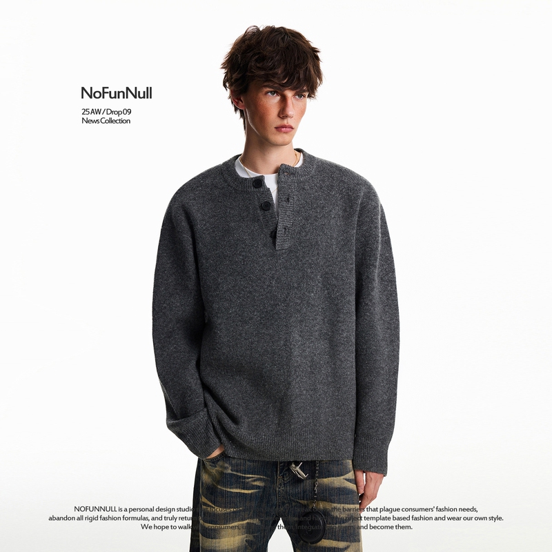 Nofunnull American-Style Henry Collar Buttoned Wool Sweater for Men, Autumn and Winter Loose Round Neck Heavy Knit Top