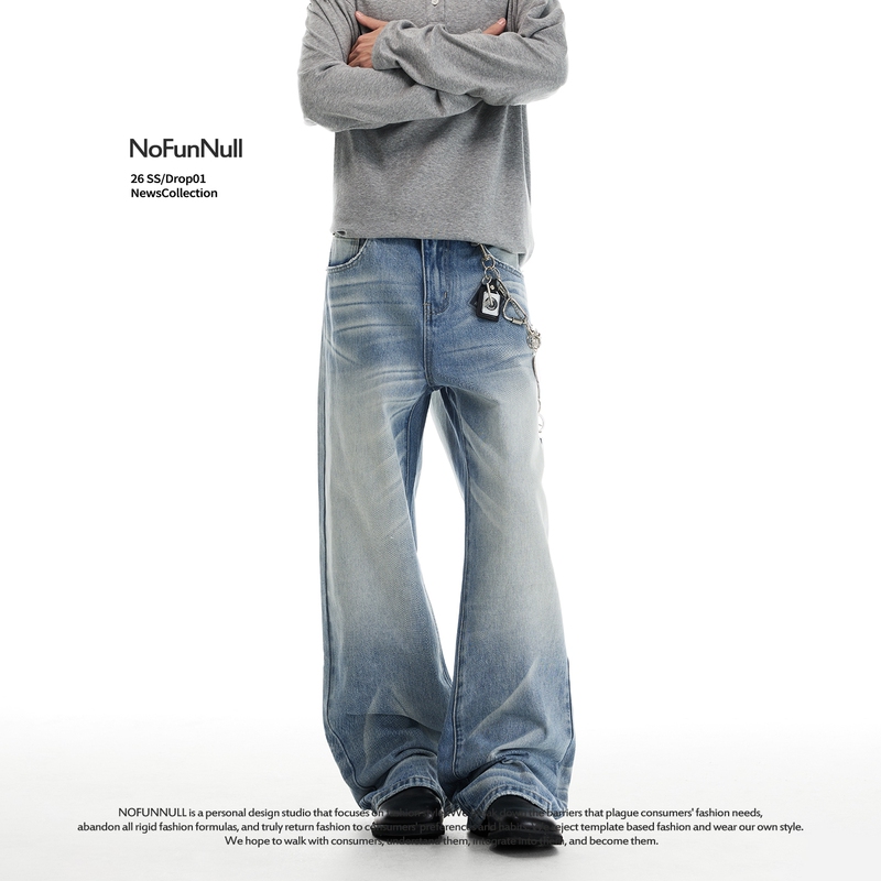 Nofunnull Anti-Counterattack Ice Blue Cat Whisker Jeans for Men and Women, Spring American Style Glacier Blue Flared Long Pants