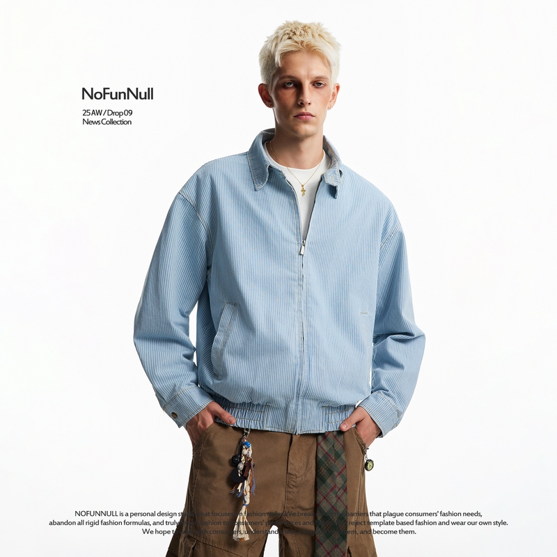 Nofunnull American-Style Cleanfit High-End Blue and White Striped Jacket for Men, Autumn Short High-Street Harrington Coat