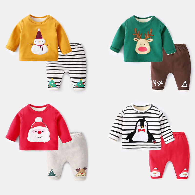 Baby suit Autumn and winter Christmas Baby girl children two sets of thickened warm male one-year-old baby clothes velvet winter clothes