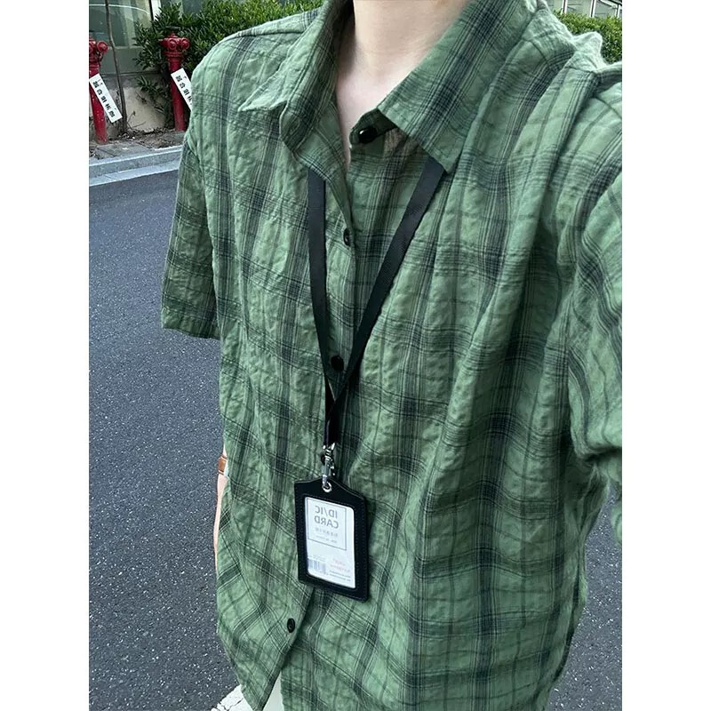 Green Dopamine Tie-Dye Short-Sleeve Shirt for Men, Summer Thin Plaid Cardigan with a Relaxed Fit and Five-Quarter Sleeves Green Dopamine Tie-Dye Short-Sleeve Shirt for Men, Summer Thin Plaid Cardigan with a Relaxed Fit and Five-Quarter Sleeves