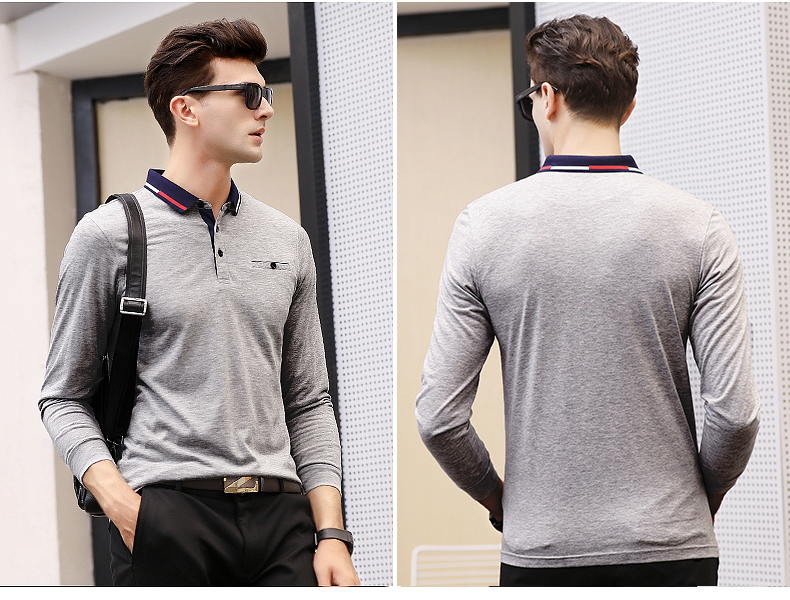 Mùa thu và mùa đông cơ sở màu sắc với túi áo thun dài tay XL áo thun cotton dày nam ve áo lỏng áo polo form rộng