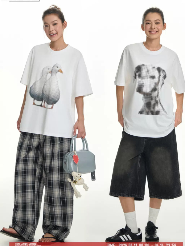 Sweetie American-Style Polka Dot Animal Short-Sleeved Loose Casual Couple T-Shirt with Unique Puppy Design for Men and Women