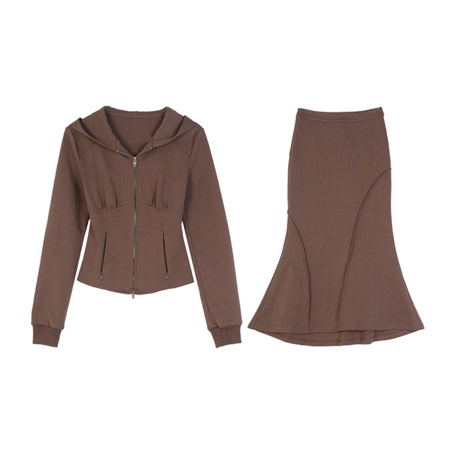 FirstRing ສີເທົາ / ສີນ້ໍາຕານ hooded sweatshirt jacket + ສິ້ນ fishtail skirt suits ສໍາລັບແມ່ຍິງ