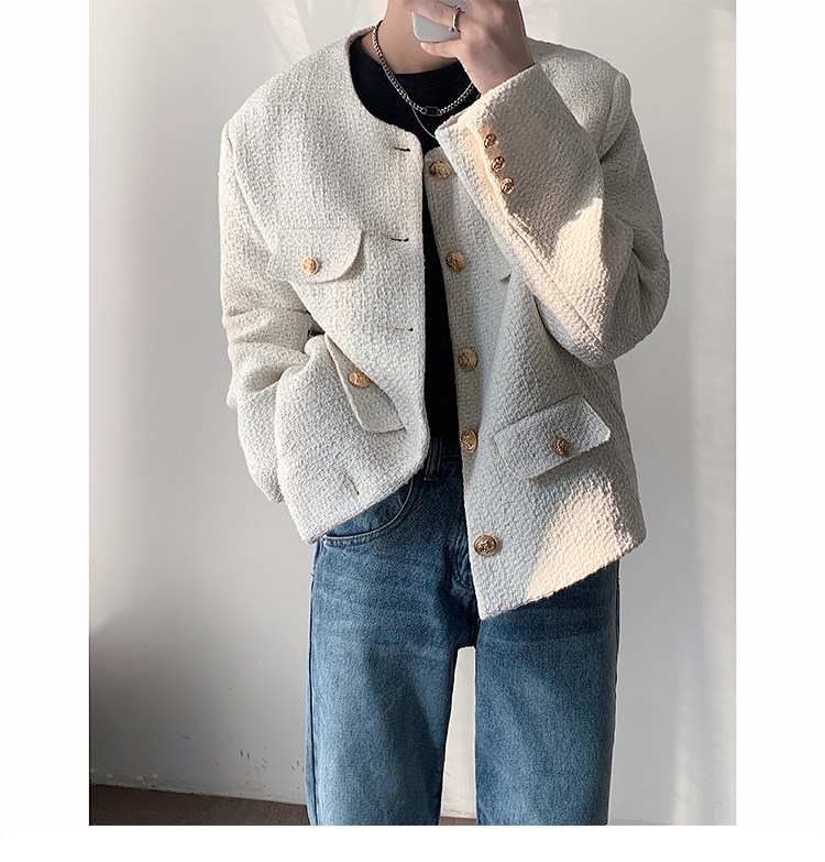 Korean Fragrance Tweed Round Neck Jacket Men Fashion Single