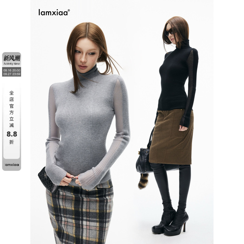 Iamxiaa* Three-Dimensional Vertical Ribbed Knit Patchwork Sheer Turtleneck Slim-Fit Base Sweater Classic Three Colors Iamxiaa* Three-Dimensional Vertical Ribbed Knit Patchwork Sheer Turtleneck Slim-Fit Base Sweater Classic Three Colors