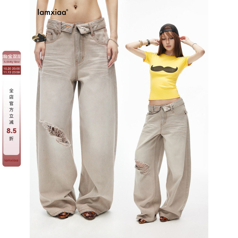 Iamxiaa* Cotton Slightly Stretchy Vintage Gray Washed Low-Rise Cuffed Waist Ripped Straight-Leg Jeans