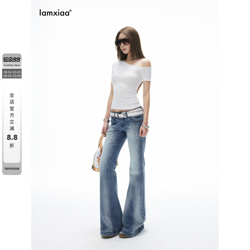 Iamxiaa* Retro Gradient Washed Low-Waist Slightly Flared Slim-Fit Denim Pants