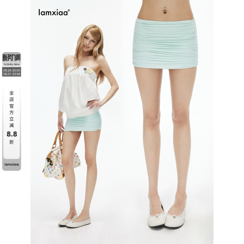 Iamxiaa* Refreshing Mint Green 90S Retro Low-Waist Pleated Design with Built-In Safety Shorts Tight-Fitting Bodycon Mini Skirt
