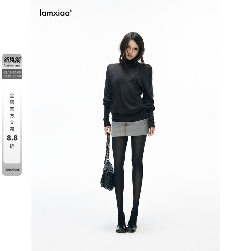 Iamxiaa* Linen-Blend Textured Semi-Sheer Knit Turtleneck Ribbed Cuff Batwing Sleeve Loose Top Iamxiaa* Linen-Blend Textured Semi-Sheer Knit Turtleneck Ribbed Cuff Batwing Sleeve Loose Top