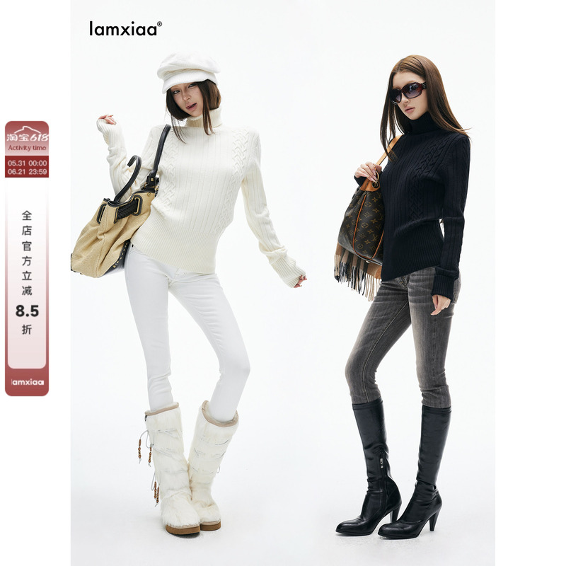 Iamxiaa* Retro Thick-Knit Stereo Cable Knit Ribbed Turtleneck Slim-Fit Pullover Sweater Classic Black and White 2 Colors Iamxiaa* Retro Thick-Knit Stereo Cable Knit Ribbed Turtleneck Slim-Fit Pullover Sweater Classic Black and White 2 Colors
