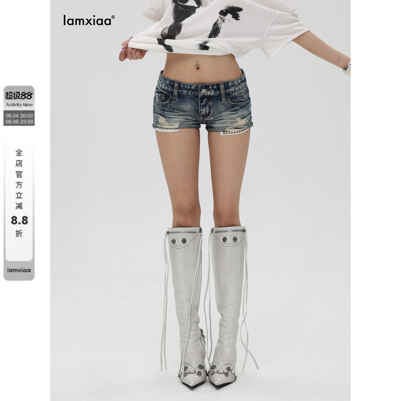 Iamxiaa* Vintage Washed Distressed Rhinestone Studded Pocket Low-Rise Denim Shorts
