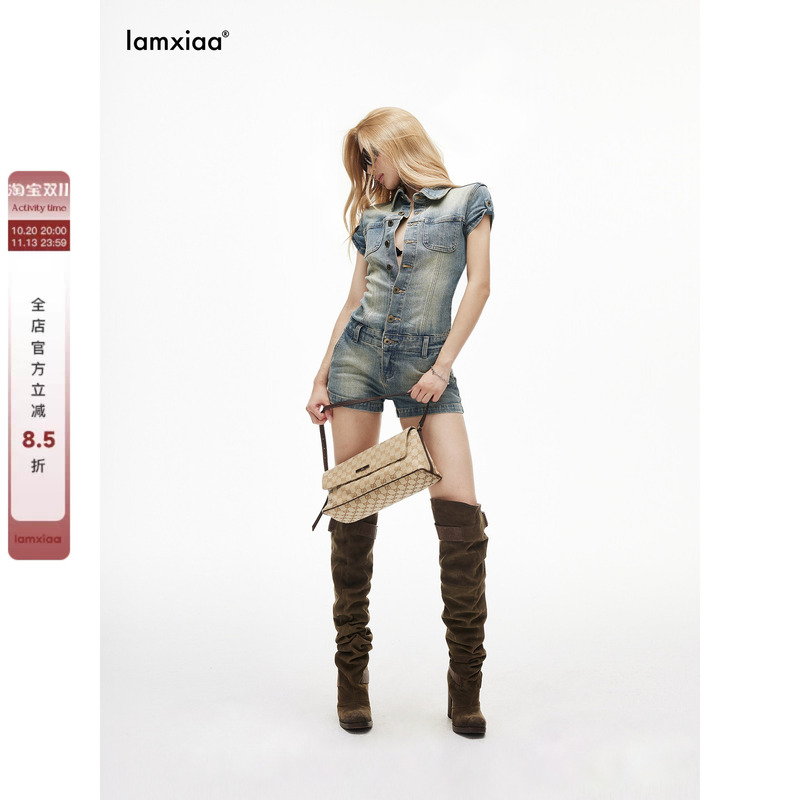 Iamxiaa* Stretch Cotton Slub Texture Gradient Washed Shirt Collar Low-Rise Shorts Vintage Denim Jumpsuit