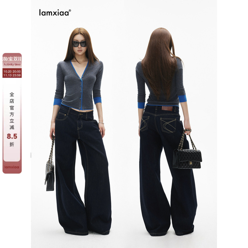 Iamxiaa*90S Retro Raw Denim with Contrasting Stitching, Stylish Pocket Design, Slimming and Flattering Classic Wide-Leg Jeans