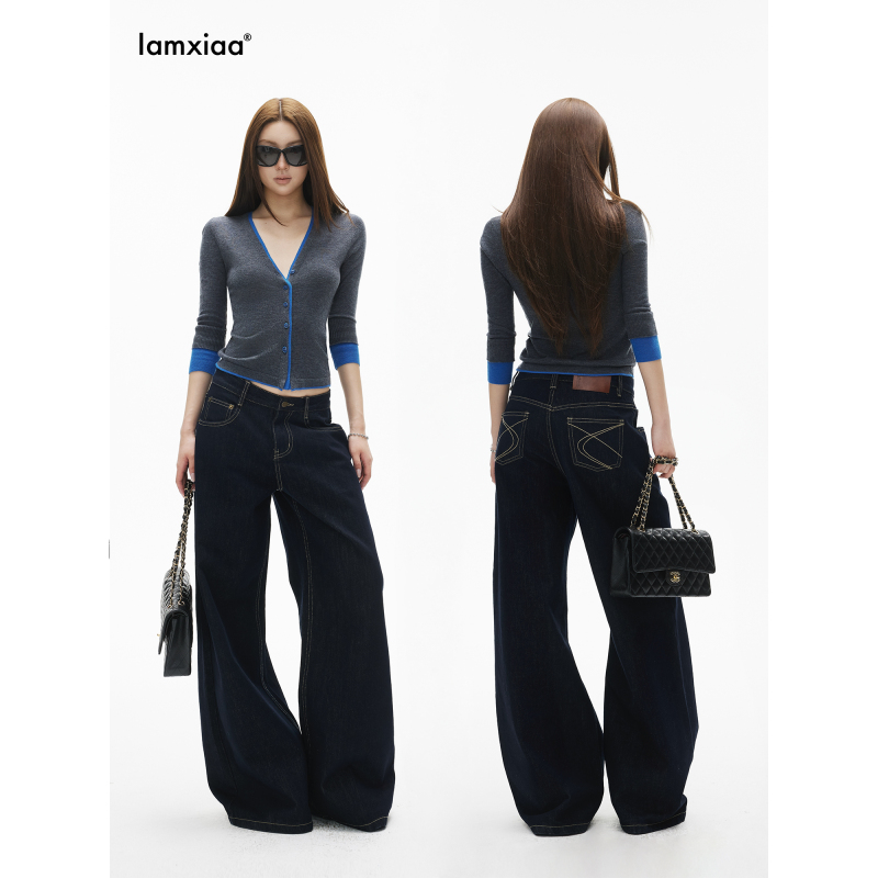 Iamxiaa*90S Retro Raw Denim with Contrasting Stitching, Stylish Pocket Design, Slimming and Flattering Classic Wide-Leg Jeans Iamxiaa*90S Retro Raw Denim with Contrasting Stitching, Stylish Pocket Design, Slimming and Flattering Classic Wide-Leg Jeans