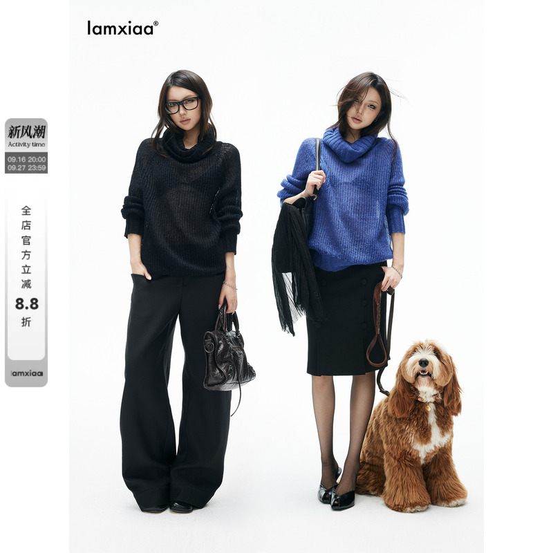 Iamxiaa* Wool Blend Slightly Sheer Ribbed Knit Slouchy Turtleneck Sweater with Ribbed Cuffs, Available in Two Colors, Loose Fit Iamxiaa* Wool Blend Slightly Sheer Ribbed Knit Slouchy Turtleneck Sweater with Ribbed Cuffs, Available in Two Colors, Loose Fit