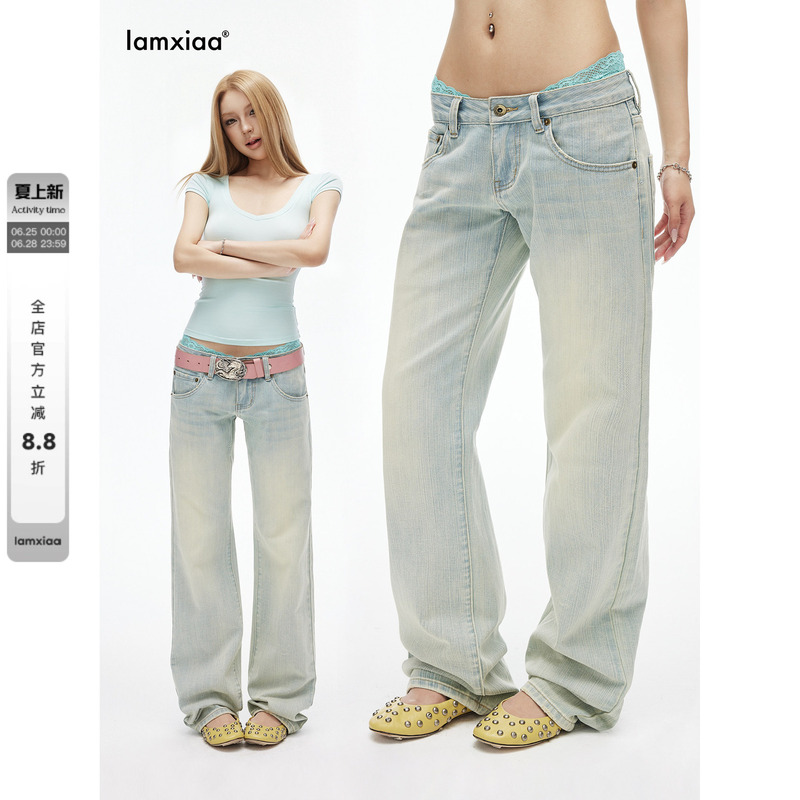 Iamxiaa* High Cotton Content Slub Texture Light Blue Vintage Washed 90S Lazy Low-Rise Classic Straight-Leg Jeans