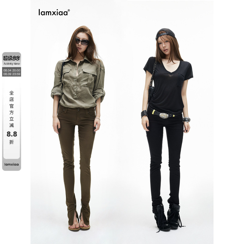 Iamxiaa* Cotton Slightly Elastic Ankle Zipper 90S Low-Waist Back Pleated Slim-Fit Skinny Pants Retro Two-Tone Iamxiaa* Cotton Slightly Elastic Ankle Zipper 90S Low-Waist Back Pleated Slim-Fit Skinny Pants Retro Two-Tone