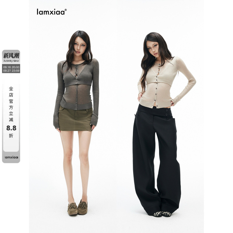 Iamxiaa* Ribbed V-Neck Cardigan Round Neck Button-Up Sheer Thin Base Layer Fake Two-Piece Layered Slim-Fit Two-Tone Knit Sweater