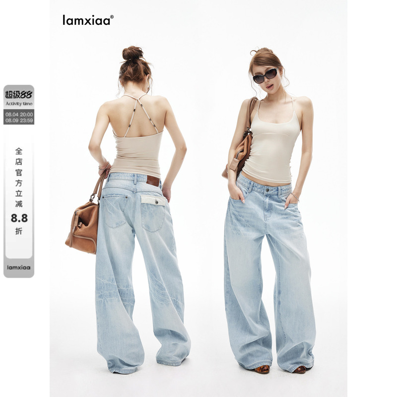 Iamxiaa* Cotton Non-Stretch Denim Ice Blue Washed Low-Rise Deconstructed Hip Pocket Design Loose Floor-Length Dad Pants Iamxiaa* Cotton Non-Stretch Denim Ice Blue Washed Low-Rise Deconstructed Hip Pocket Design Loose Floor-Length Dad Pants