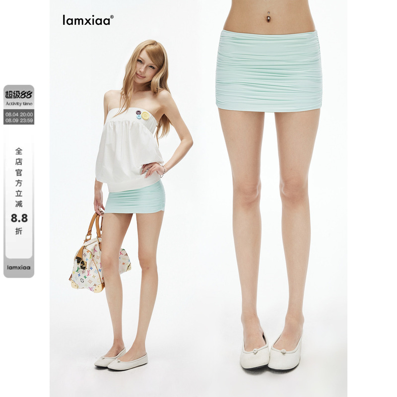 Iamxiaa* Refreshing Mint Green 90S Retro Low-Waist Pleated Design with Built-In Safety Shorts Tight-Fitting Bodycon Mini Skirt