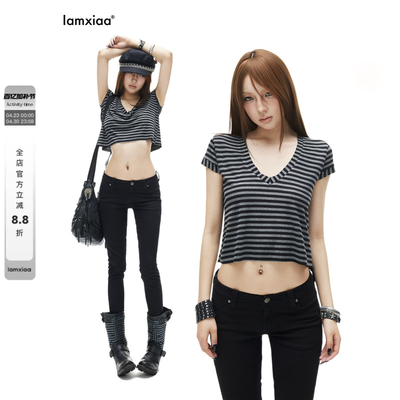 Iamxiaa* Lyocell Stretch Fabric Retro Black and Gray Striped Sweetheart Neckline Flutter Sleeve Cropped Loose T-Shirt