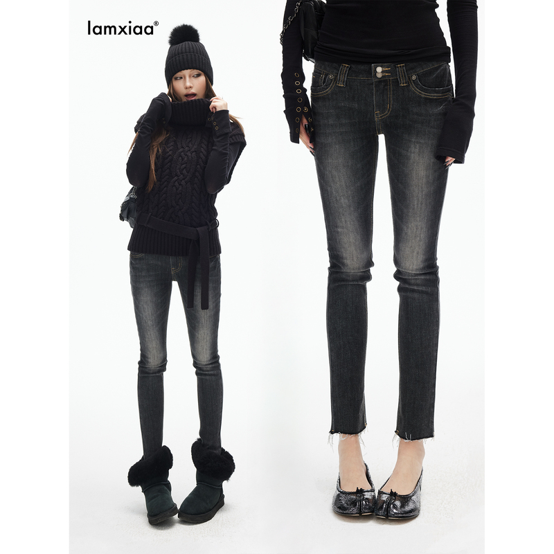 Iamxiaa* Cotton Soft Black Stretch Denim Vintage Washed Distressed 90S Street Style Double-Button Slim Fit Skinny Pants Iamxiaa* Cotton Soft Black Stretch Denim Vintage Washed Distressed 90S Street Style Double-Button Slim Fit Skinny Pants