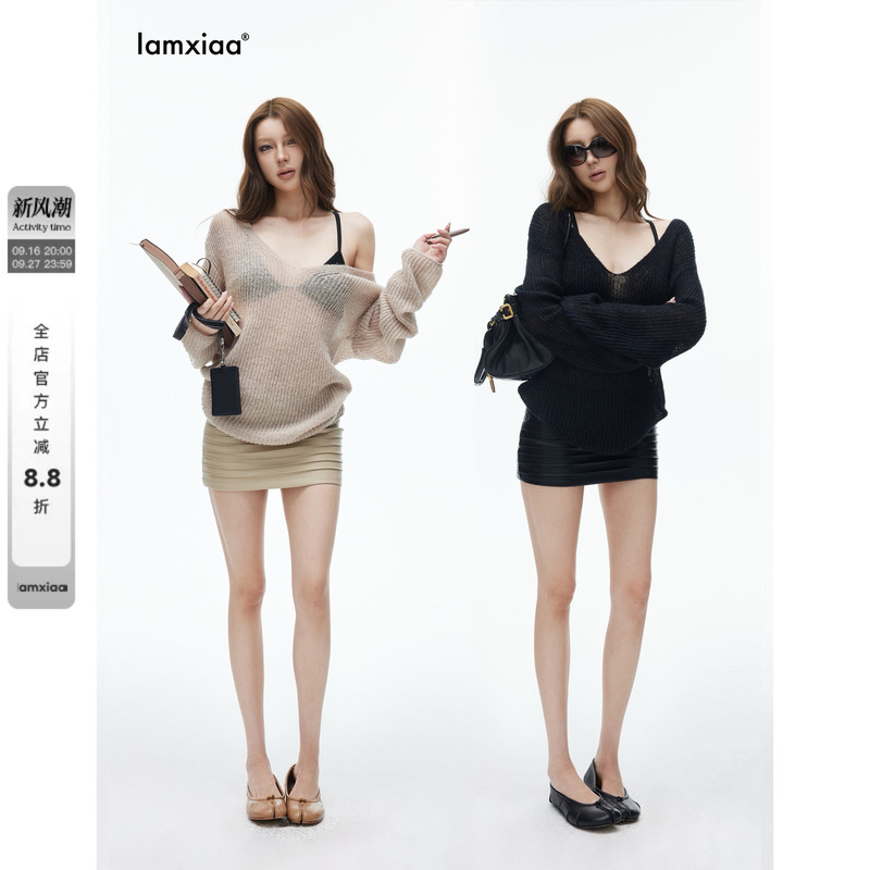 Iamxiaa* Fine Wool Alpaca Sheer Hollow-Out Knit Large V-Neck Loose Sweater Cover-Up Basic Two Colors Iamxiaa* Fine Wool Alpaca Sheer Hollow-Out Knit Large V-Neck Loose Sweater Cover-Up Basic Two Colors