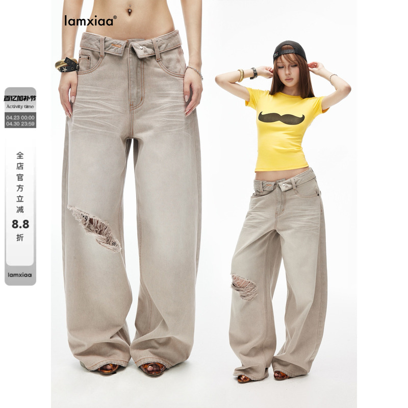 Iamxiaa* Cotton Slightly Stretchy Vintage Gray Washed Low-Rise Cuffed Waist Ripped Straight-Leg Jeans