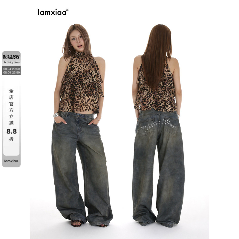Iamxiaa* Heavily Washed, Distressed, Low-Waisted, Rhinestone-Embellished, Loose-Fitting Wide-Leg Jeans Iamxiaa* Heavily Washed, Distressed, Low-Waisted, Rhinestone-Embellished, Loose-Fitting Wide-Leg Jeans
