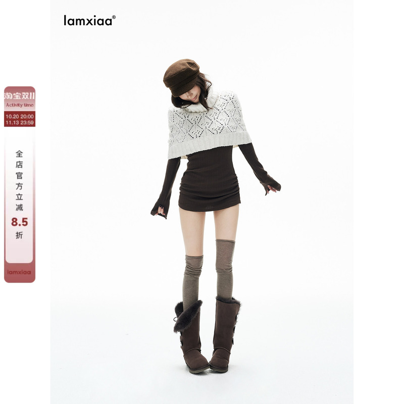 Iamxiaa* Thick Yarn Hollow-Out Diamond Pattern Cable Knit Ribbed High-Neck Short Cape-Style Layered Knit Shawl