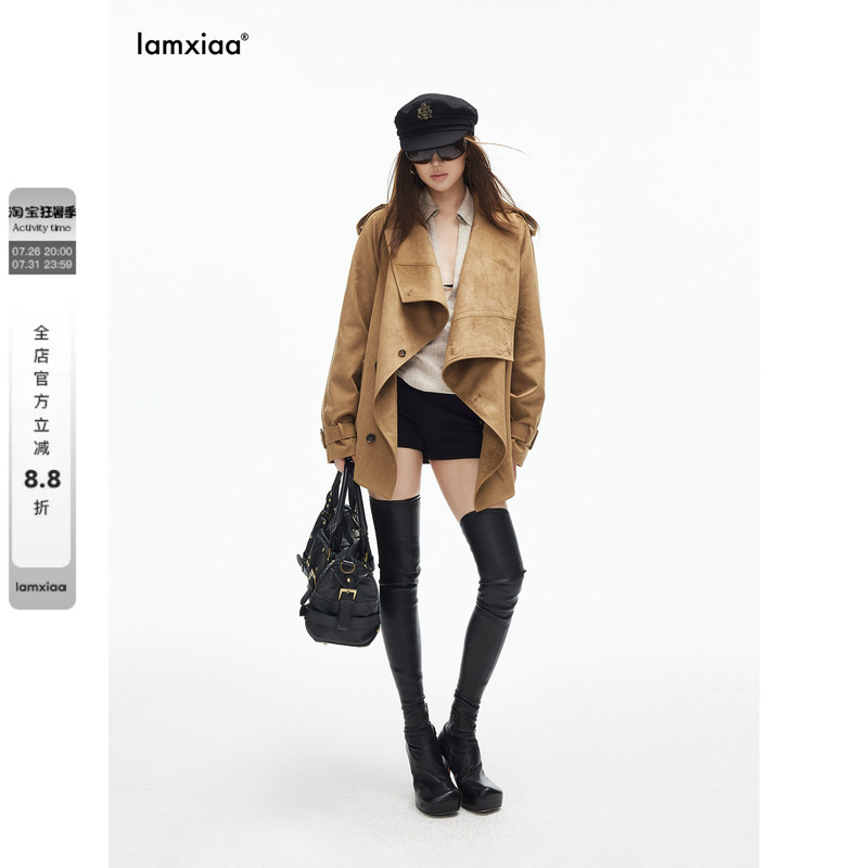 Iamxiaa* Leather-Like Texture Large Lapel Wave Placket Diagonal Button Closure Genuine Leather Belt Short Wide Suede Jacket Iamxiaa* Leather-Like Texture Large Lapel Wave Placket Diagonal Button Closure Genuine Leather Belt Short Wide Suede Jacket