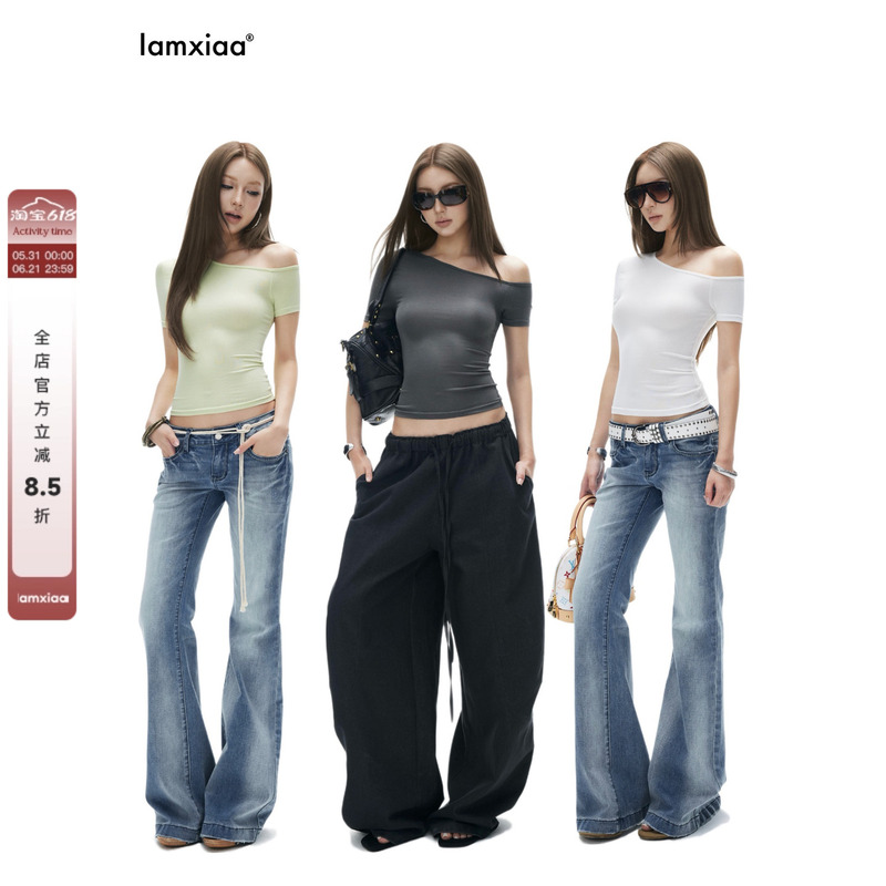 Iamxiaa* Lyocell Asymmetrical Off-Shoulder Basic Slim-Fit Short-Sleeve T-Shirt