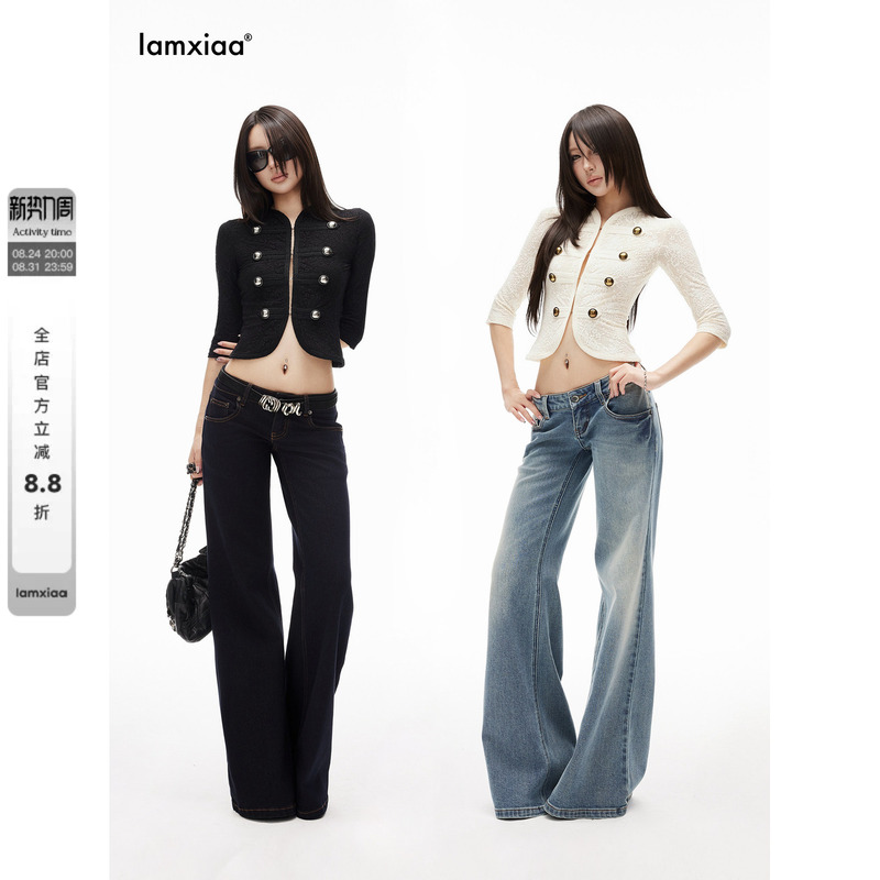 Iamxiaa* Lyocell Cotton Slub Texture Stretch Denim Low-Rise Short Loose Flared Pants Available in Two Colors Iamxiaa* Lyocell Cotton Slub Texture Stretch Denim Low-Rise Short Loose Flared Pants Available in Two Colors