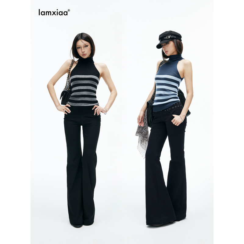 Iamxiaa* Skin-Friendly Soft Knit Color-Block Striped Half-High Collar Cut-Out Slim-Fit Tank Top Sweater Available in 2 Colors