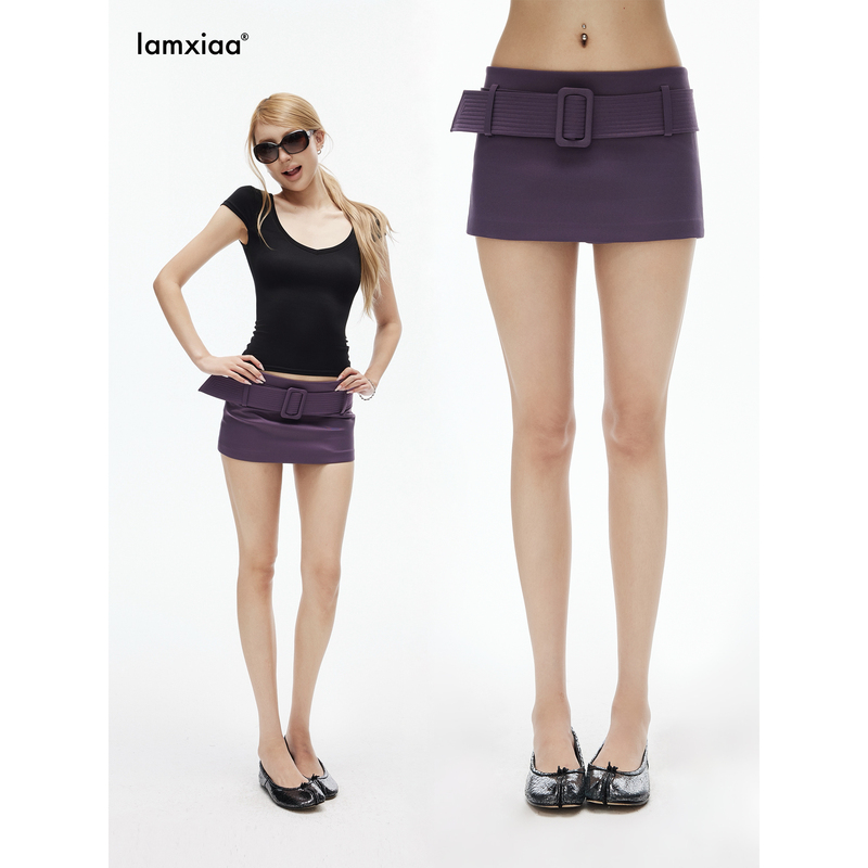 Iamxiaa* Retro Grape Purple Low-Waist Design with Widened Waistband Decoration, Safety Shorts Inside, Hip-Hugging Mini Skirt Iamxiaa* Retro Grape Purple Low-Waist Design with Widened Waistband Decoration, Safety Shorts Inside, Hip-Hugging Mini Skirt