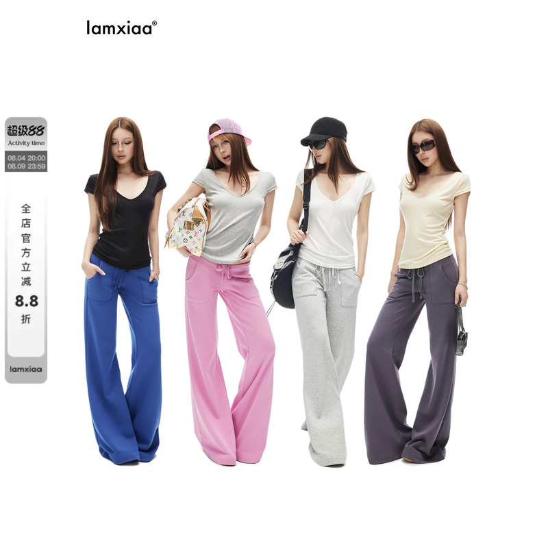 Iamxiaa* Slightly Stretchy, High Cotton Content, Low-Waisted Drawstring Straight-Leg Patch Pocket Loose Casual Flared Sweatpants Available in Four Colors