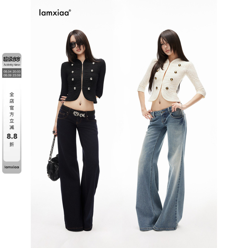 Iamxiaa* Lyocell Cotton Slub Texture Stretch Denim Low-Rise Short Loose Flared Pants Available in Two Colors