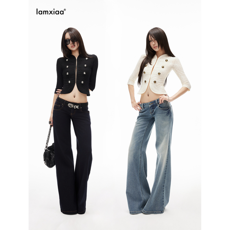 Iamxiaa* Lyocell Cotton Slub Texture Stretch Denim Low-Rise Short Loose Flared Pants Available in Two Colors
