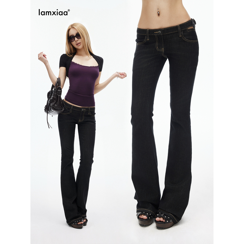 Iamxiaa* Black Slightly Stretchy Denim Adjustable Hollow-Out Waist-Revealing Retro Low-Rise Slimming High-Waisted Flared Pants Iamxiaa* Black Slightly Stretchy Denim Adjustable Hollow-Out Waist-Revealing Retro Low-Rise Slimming High-Waisted Flared Pants