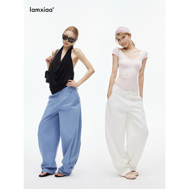 Iamxiaa*100% Cotton Twill Lazy Retro Low-Waist Adjustable Hem Scimitar Wide-Leg Pants Refreshing Two-Tone Iamxiaa*100% Cotton Twill Lazy Retro Low-Waist Adjustable Hem Scimitar Wide-Leg Pants Refreshing Two-Tone