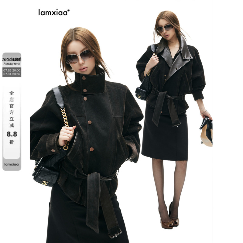 Iamxiaa* Cotton Twill Flocked Denim Patchwork Leather Two-Way Collar Lantern Sleeve Belted Vintage Loose Jacket Coat